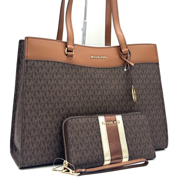 Michael Kors Jet Set Large Signature Logo Tote Bag & Continental Wallet Brown - Picture 1 of 15